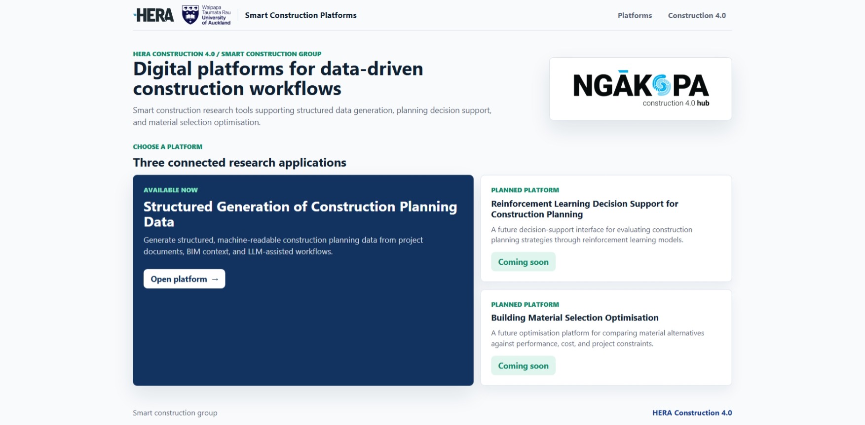 Homepage with three Smart Construction platform entries