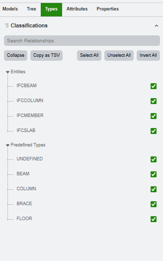 Property and classification panes with entity tables