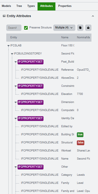 Attributes table for a selected IFC entity