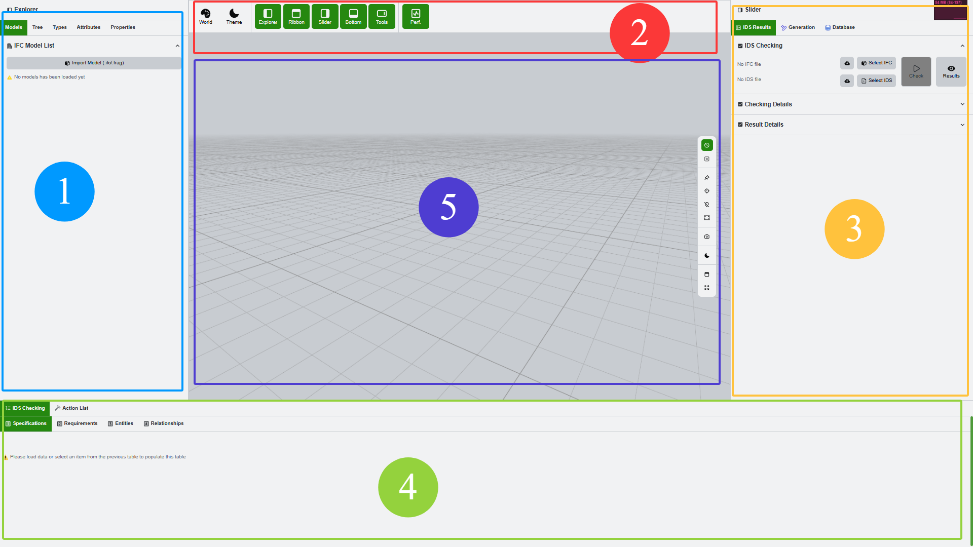 Application workspace annotated with side panels, toolbar, viewport, and bottom panel
