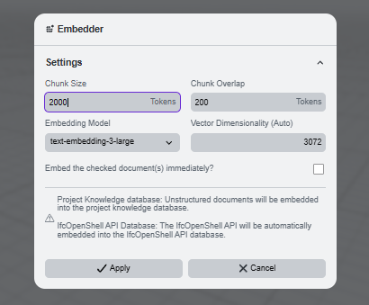 Embedder settings dialog