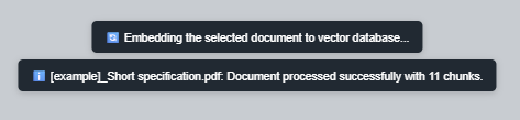 Toast showing embedding success for a project document