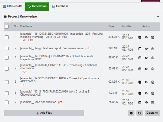 Project Knowledge table with uploaded documents