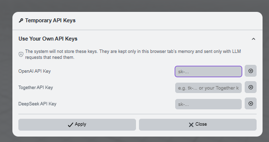 Temporary API Keys dialog with OpenAI, Together, and DeepSeek fields