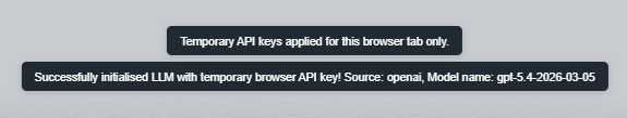 Toast confirming temporary API key and model initialization