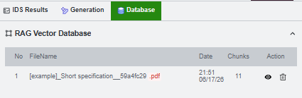 RAG Vector Database table listing embedded document and chunks