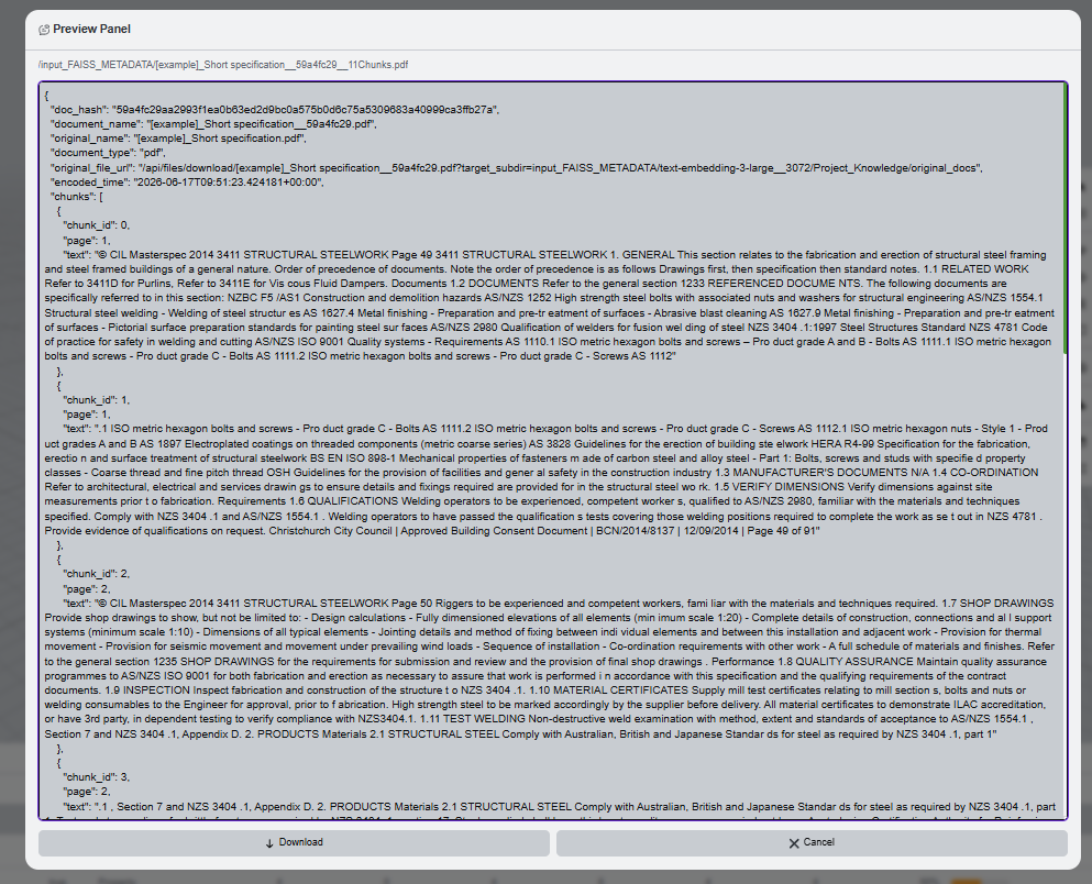 Preview panel showing vector database metadata JSON