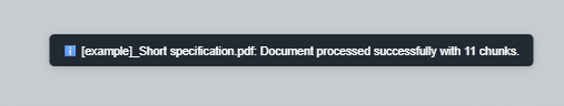 Toast confirming document processed into chunks