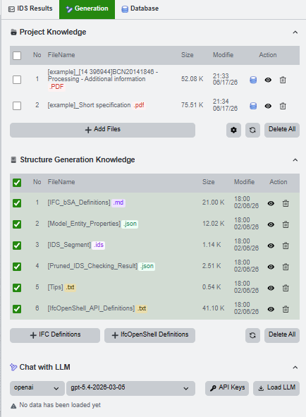 Generation tab with project documents, selected knowledge, and LLM panel