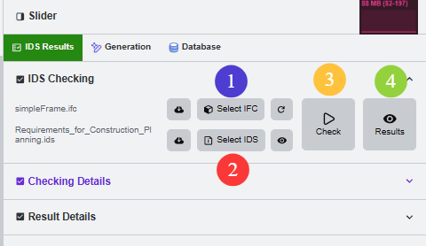 IDS Results panel showing file selectors, Check, Results, Checking Details, and Result Details