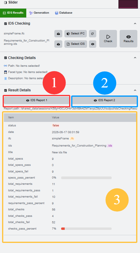IDS checking controls with Select IFC, Select IDS, Check, and Results buttons