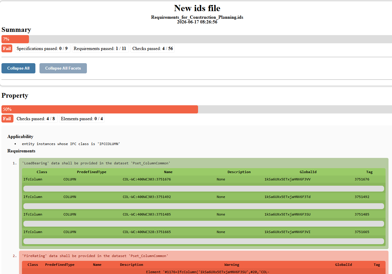 IDS result summary with pass and fail rows