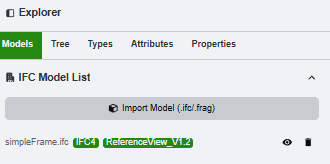 Model explorer with Import Model button and tree tabs