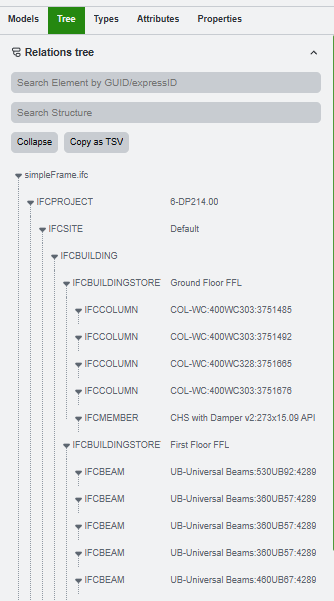 Model tree with search by GUID and copy as TSV controls